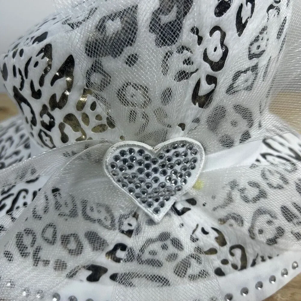 Unbranded Leopard Print Bucket Hat White Gold Metallic Rhinestone Bow One Size